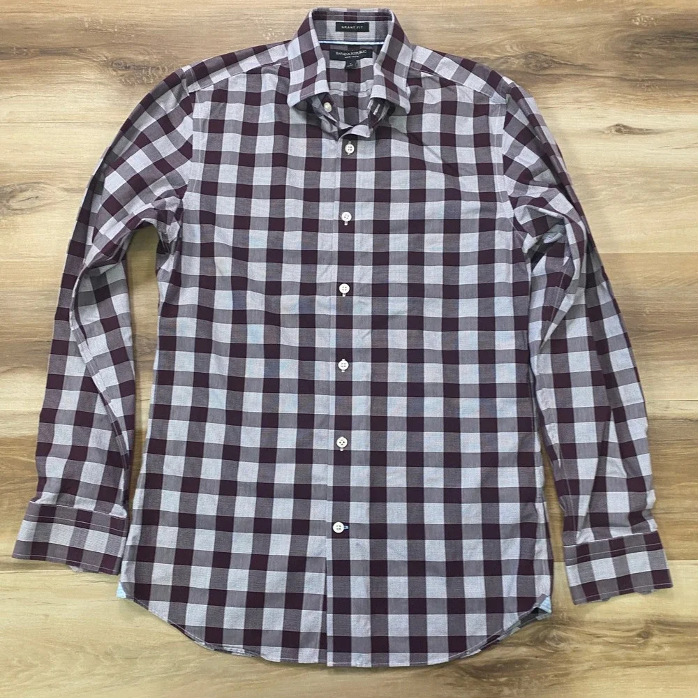 Banana Republic Shirt Mens Small Grant Fit Gingham Check Cotton Burgundy White